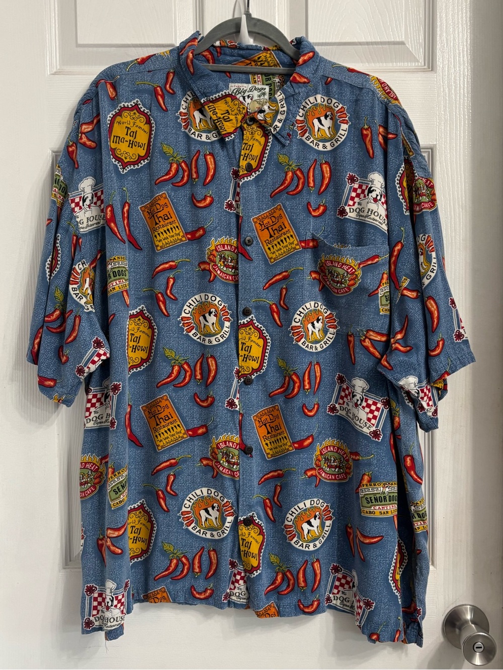 Big Dogs Casual Blue Short-Sleeve Button-Up Shirt with Chile Pepper Print 3XL